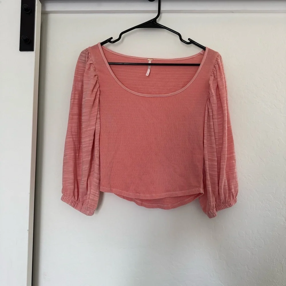 Free People Day Lily Puff Sleeve Blouse Coral Pink Boho Indie Top Textured Smock